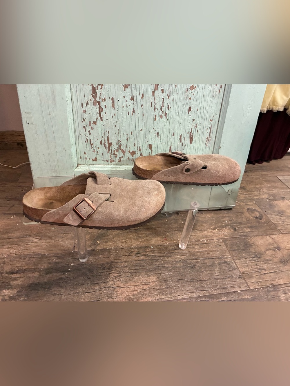 Women’s Birkenstock Taupe Suede Slip-On Clogs with Buckle - Picture 2 of 5